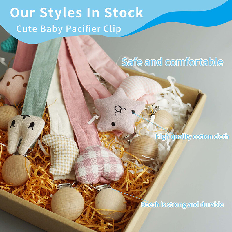3 vnt kūdikių čiulptuko segtukas, muslino audinio grandinėlė su mediniu segtukų laikikliu, kūdikių manekeno čiulptuko dantukų žaislų laikikliu