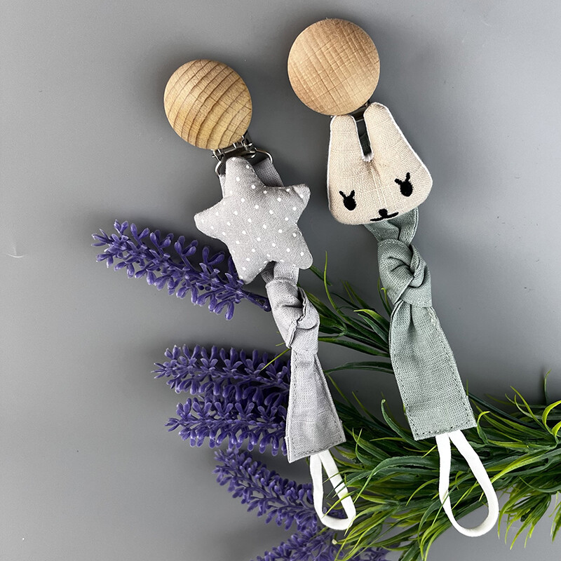 3 vnt kūdikių čiulptuko segtukas, muslino audinio grandinėlė su mediniu segtukų laikikliu, kūdikių manekeno čiulptuko dantukų žaislų laikikliu