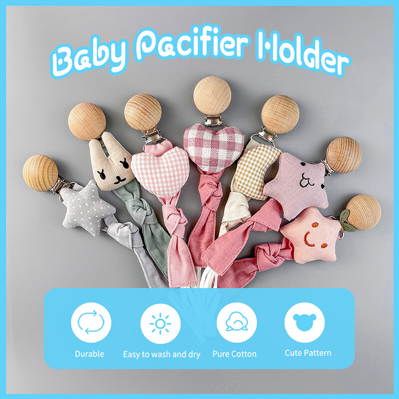 3 vnt kūdikių čiulptuko segtukas, muslino audinio grandinėlė su mediniu segtukų laikikliu, kūdikių manekeno čiulptuko dantukų žaislų laikikliu