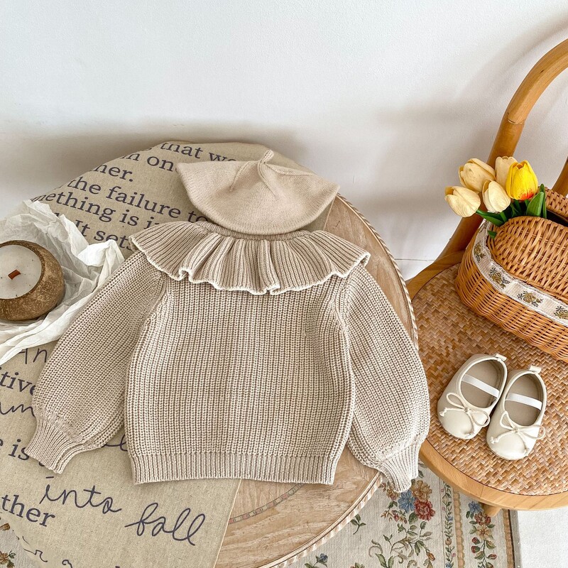 INS pavasario ir rudens kūdikių 0–3 metų mergaičių madinga raukinta apykakle, megztas paltas, mažas megztinis megztinis