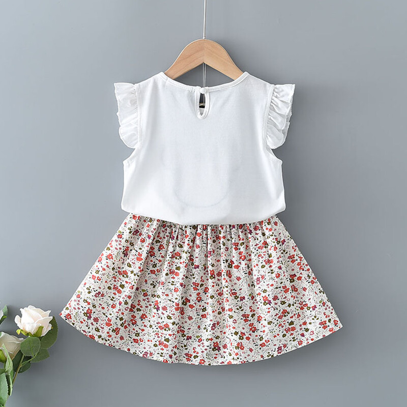 Melario mergaičių vasariniai drabužiai skraidančios rankovės, balti viršūnės su languotais šortais Dviejų dalių 2–6 metų laisvalaikio vaikiškų mergaičių drabužių rinkinys