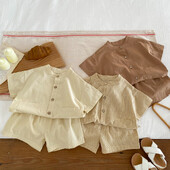 Vasaras bērnu puišu meiteņu uzvalks Kokvilnas rūtains bērnu īss krekls ar šortiem Divdaļīgs komplekts Bērnu apģērbs 1-3 gadus vecs bērnu uzvalks