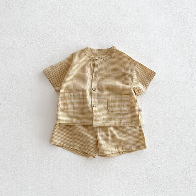 Vasaras bērnu puišu meiteņu uzvalks Kokvilnas rūtains bērnu īss krekls ar šortiem Divdaļīgs komplekts Bērnu apģērbs 1-3 gadus vecs bērnu uzvalks
