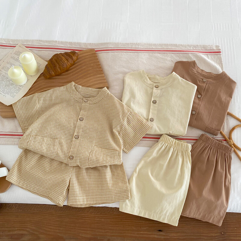 Vasaras bērnu puišu meiteņu uzvalks Kokvilnas rūtains bērnu īss krekls ar šortiem Divdaļīgs komplekts Bērnu apģērbs 1-3 gadus vecs bērnu uzvalks