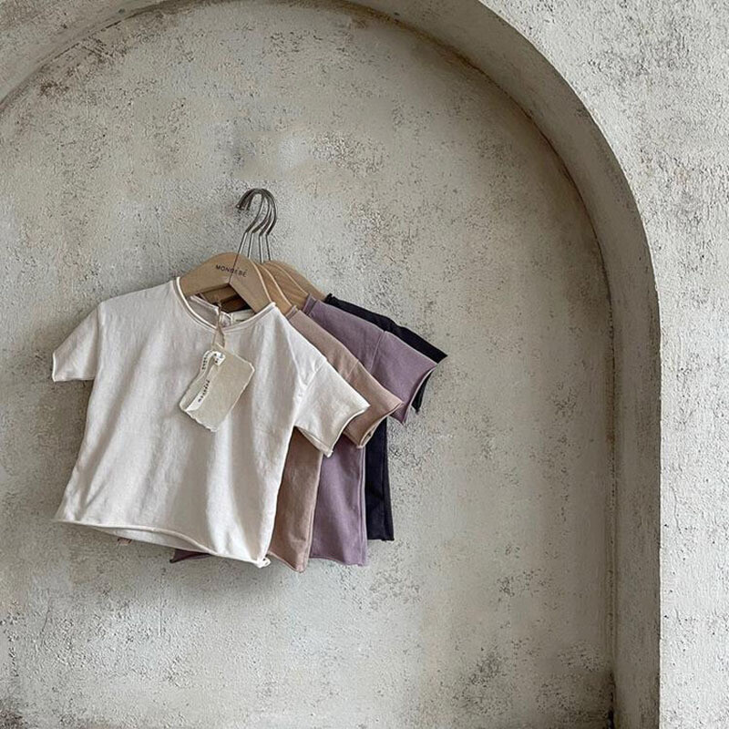 0-4 éves Kisgyermek Gyerek Baba Fiú Lány Ruhák Nyári Pamut póló Rövid ujjú egyszínű Vintage póló Gyerek felsők Csecsemők