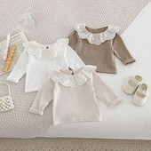 Vaikiški nauji rudeniniai apatiniai marškinėliai mergaičių siuvinėti gėlių lotoso apykaklės marškiniai 0-3T Vaikiški apatiniai marškinėliai