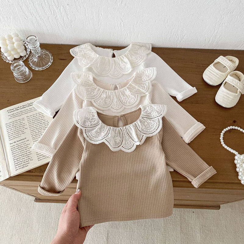 Vaikiški nauji rudeniniai apatiniai marškinėliai mergaičių siuvinėti gėlių lotoso apykaklės marškiniai 0-3T Vaikiški apatiniai marškinėliai