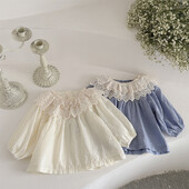 2025 m. pavasario nauji mergaičių drabužiai, dvisluoksnė apykakle, marškinėliai su marškinėliais ilgomis rankovėmis, nėriniuoti marškinėliai