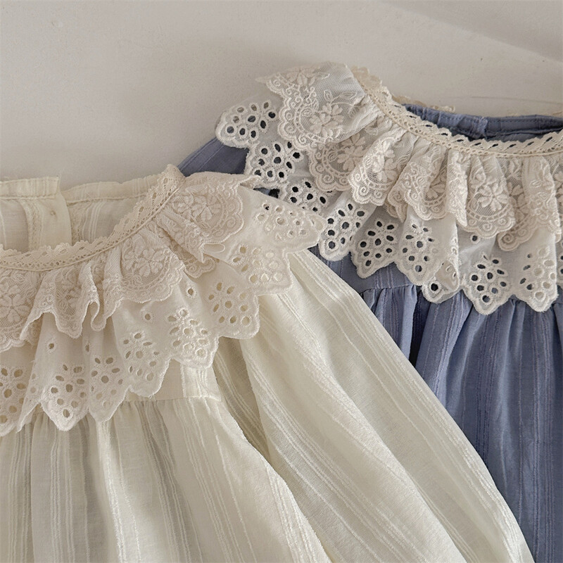 2025 m. pavasario nauji mergaičių drabužiai, dvisluoksnė apykakle, marškinėliai su marškinėliais ilgomis rankovėmis, nėriniuoti marškinėliai