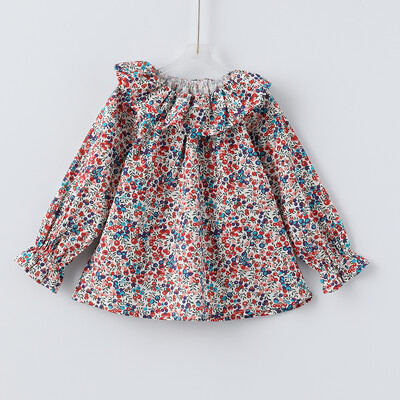 Sweet Ruffles Mežģīņu apkakles krekls meitenēm Kokvilnas ziedi ar garām piedurknēm Princese Baby Topi Bērnu Krekli Toddler Meiteņu Apģērbi