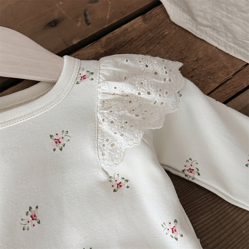 Pavasara pidžamas komplekts zīdaiņiem meitenēm ar ziedu mežģīnēm ar piedurknēm un bikses 2 gab. Mājas apģērbs, uzvalks maziem bērniem