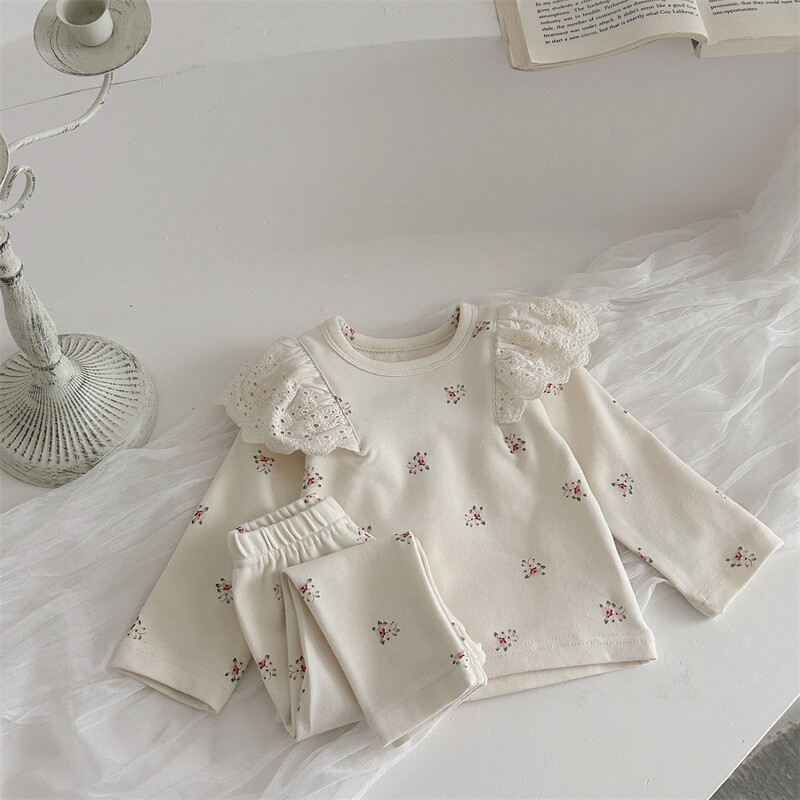 Pavasara pidžamas komplekts zīdaiņiem meitenēm ar ziedu mežģīnēm ar piedurknēm un bikses 2 gab. Mājas apģērbs, uzvalks maziem bērniem