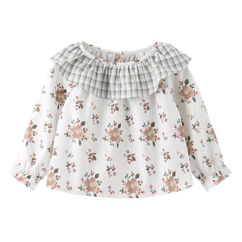 Prašmatni kaimiška gėlėta palaidinė ilgomis rankovėmis mergaitei, 2023 m. rudenį, nauja vaikų senovinė laisva lėlės apykaklė Mieli marginti marškinėliai