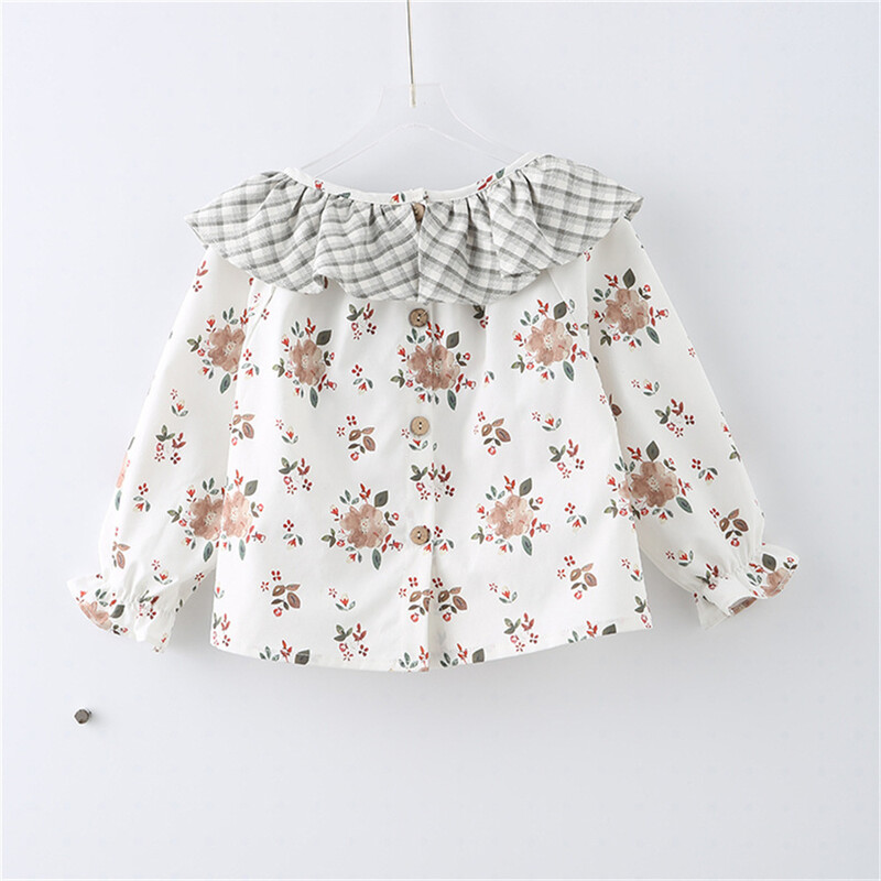 Prašmatni kaimiška gėlėta palaidinė ilgomis rankovėmis mergaitei, 2023 m. rudenį, nauja vaikų senovinė laisva lėlės apykaklė Mieli marginti marškinėliai