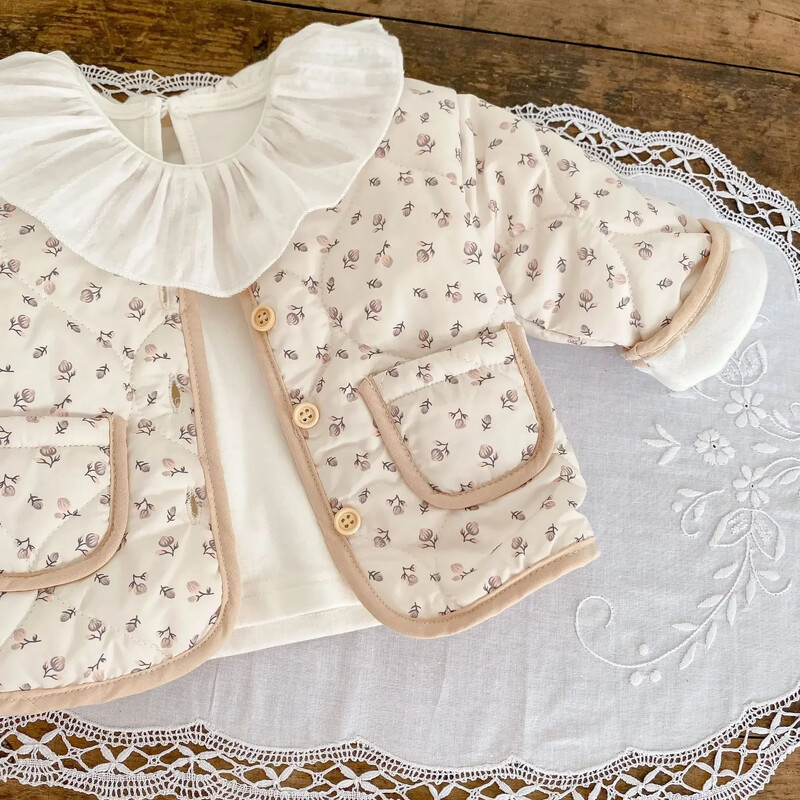 7842-1 Kūdikių paltukas Žieminis Naujas Mergaičių medvilnine paminkštintas striukė gėlėtas paltas vilnos viduje kardiganinis paltas