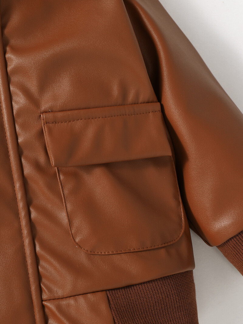 2024 New Baby Boys 1-3G Pu ādas jaka ar garām piedurknēm nolaižamu apkakli ar rāvējslēdzēju Modes virsdrēbes rudens ziemas ādas mēteļiem