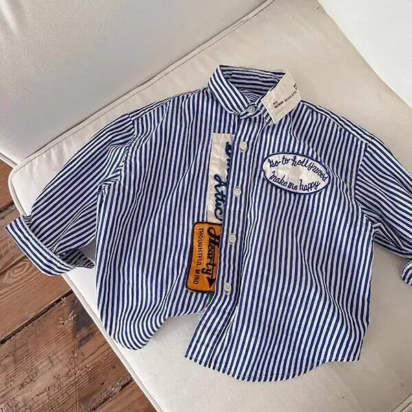 Vaikiški dryžuoti marškinėliai korėjietiško stiliaus laisvalaikio striukė berniukams rudenį madingi kūdikių viršutiniai maži vaikiški medvilniniai marškinėliai