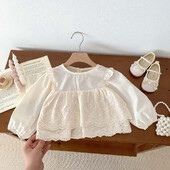 Korėjietiško stiliaus nėrinių kraštas ilgomis rankovėmis moterims, kūdikiams, mielas princesės marškinėliai, universalūs madingi drabužiai vaikams