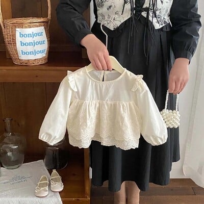 Korėjietiško stiliaus nėrinių kraštas ilgomis rankovėmis moterims, kūdikiams, mielas princesės marškinėliai, universalūs madingi drabužiai vaikams