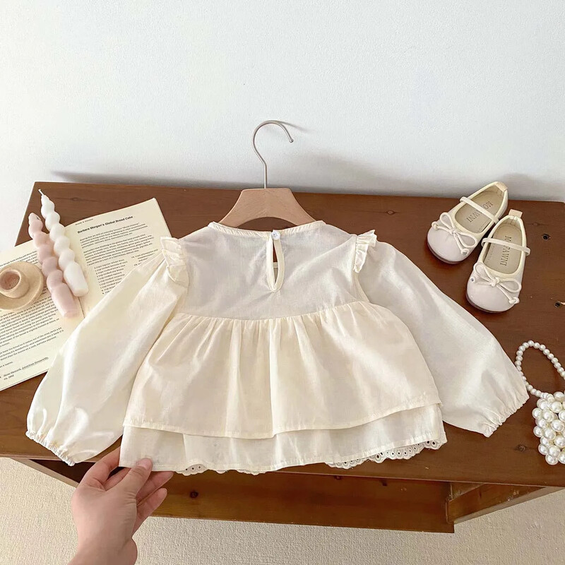 Korėjietiško stiliaus nėrinių kraštas ilgomis rankovėmis moterims, kūdikiams, mielas princesės marškinėliai, universalūs madingi drabužiai vaikams