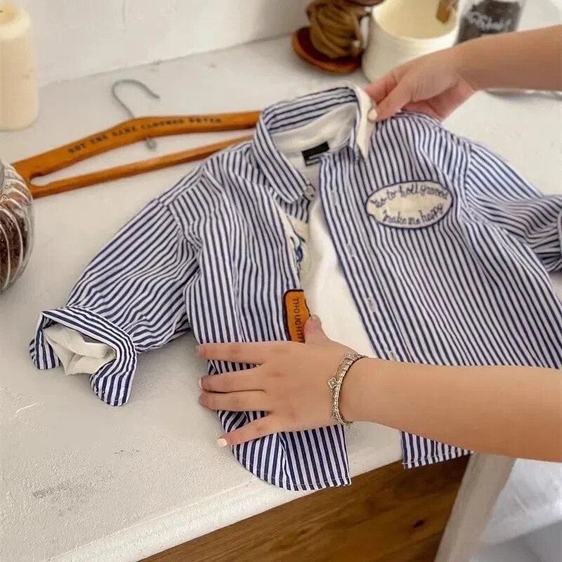 Vaikiški grynos medvilnės marškinėliai, 2023 m. rudens naujo stiliaus vyriški moteriški korėjietiškos versijos medvilniniai dryžuoti ilgomis rankovėmis kūdikių atvartas