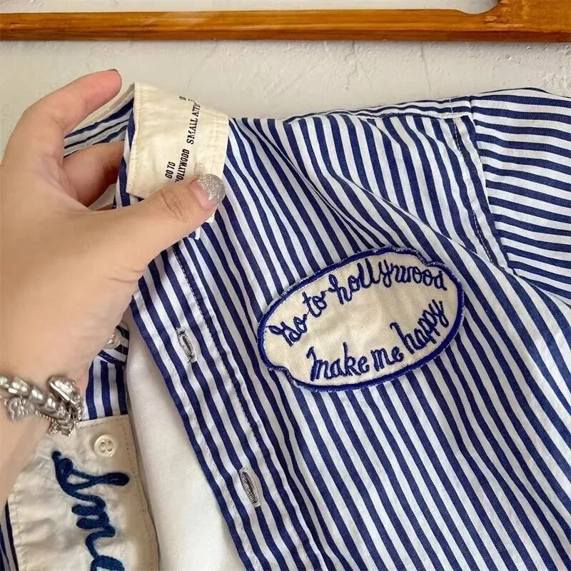 Vaikiški grynos medvilnės marškinėliai, 2023 m. rudens naujo stiliaus vyriški moteriški korėjietiškos versijos medvilniniai dryžuoti ilgomis rankovėmis kūdikių atvartas