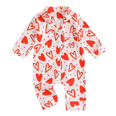 Suefunskry Baby Girl pavasara rudens pidžamas rombiņas ar garām piedurknēm atloks ar sirds apdruku ar pogu uz leju Valentīndienas kombinezons guļamtērps
