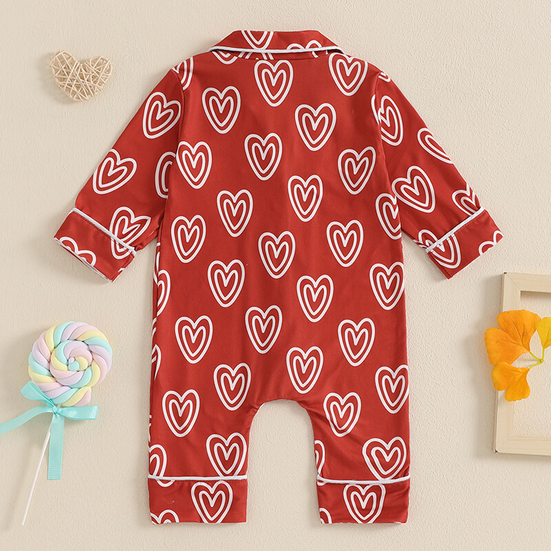 Suefunskry Baby Girl pavasara rudens pidžamas rombiņas ar garām piedurknēm atloks ar sirds apdruku ar pogu uz leju Valentīndienas kombinezons guļamtērps