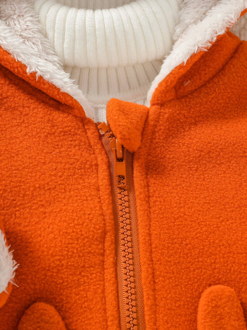 2024 m. Naujo stiliaus kūdikių berniukų miela animacinių filmų kišenė su lapės ilgomis rankovėmis gobtuvu su užtrauktuku, šiltas pliušinis paltas, skirtas 1–3 m. lauko gatvės aprangai