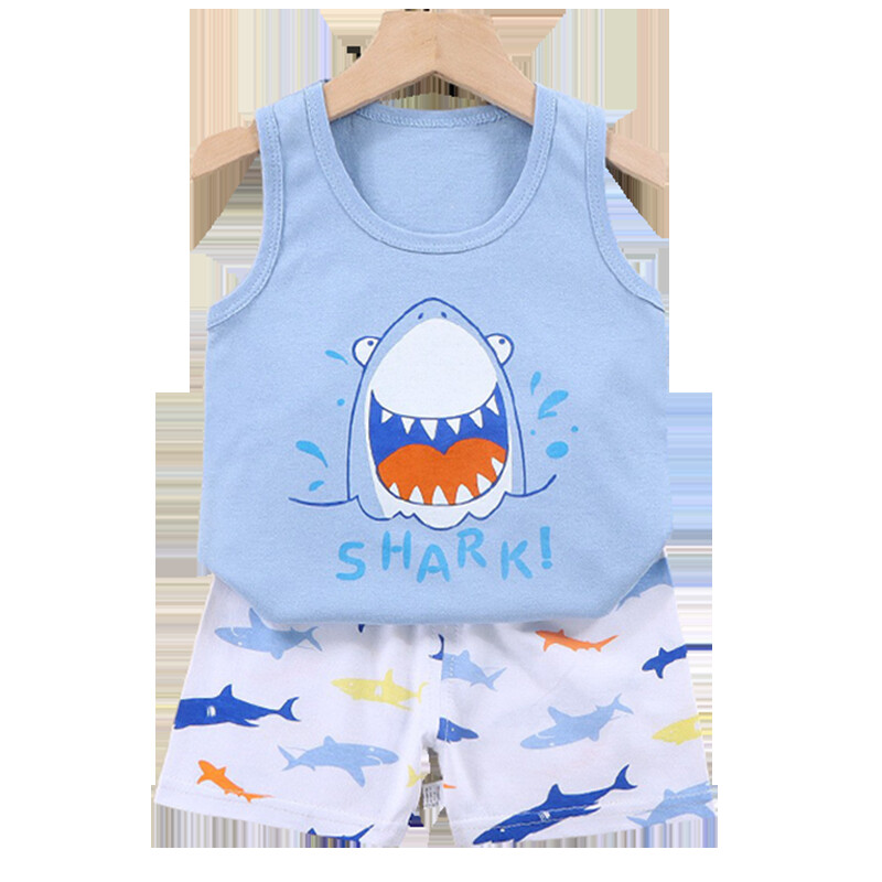 Karikatūra haizivs veste+šorti, 2-daļīgs apģērba komplekts pidžamas vasaras bērniem zīdaiņiem zēniem meitenēm kokvilnas ikdienas treniņtērps apģērba kostīms 0-6 g