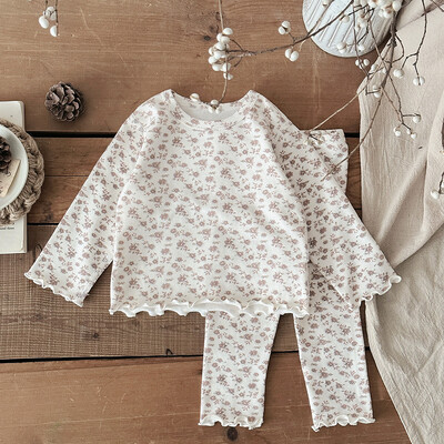 Pavasarinis mergaičių pižamos rinkinys 0-4Y Vaikų namų rūbai Kūdikių rudeniniai rūbai Mieli gėlėti mergaičių apatiniai drabužiai Viršus + kelnės 2vnt.