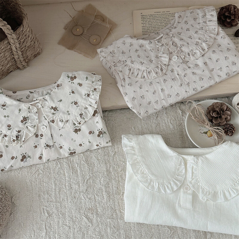 Rudens naujos mergaitės marškinėliai ilgomis rankovėmis Mergaitėms Gėlėtos palaidinės didelės apykaklės Viršutiniai kūdikių mergaičių medvilniniai drabužiai