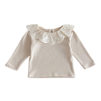 2025. gada pavasara korejiešu moderns mežģīņu apkakle ar vientuļām piedurknēm jaundzimušo meitenes T-krekls, mīksts elastīgs kokvilnas bērnu meitenes, pieskaņots saldais krekls