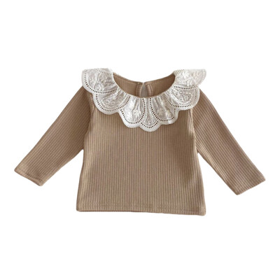 2025. gada pavasara korejiešu moderns mežģīņu apkakle ar vientuļām piedurknēm jaundzimušo meitenes T-krekls, mīksts elastīgs kokvilnas bērnu meitenes, pieskaņots saldais krekls