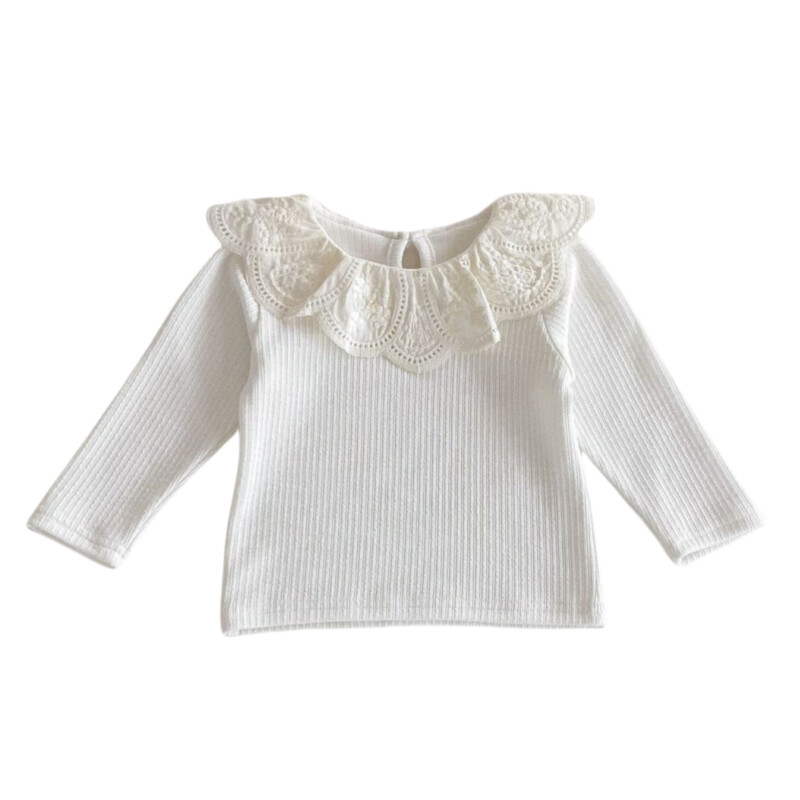 2025. gada pavasara korejiešu moderns mežģīņu apkakle ar vientuļām piedurknēm jaundzimušo meitenes T-krekls, mīksts elastīgs kokvilnas bērnu meitenes, pieskaņots saldais krekls