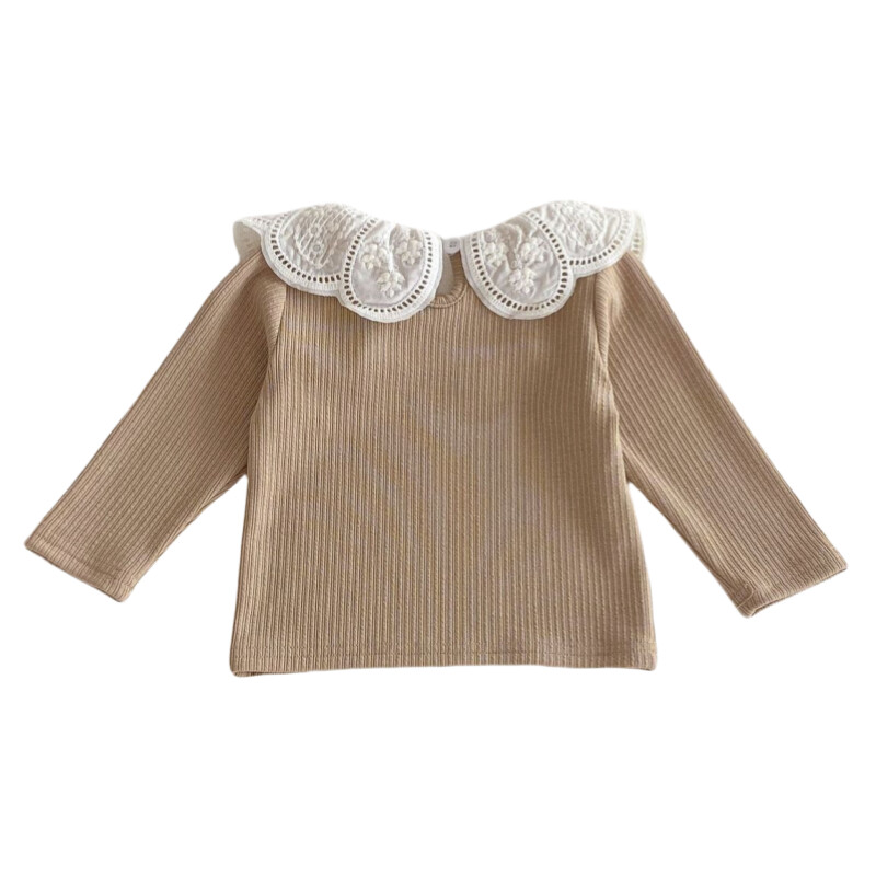 2025. gada pavasara korejiešu moderns mežģīņu apkakle ar vientuļām piedurknēm jaundzimušo meitenes T-krekls, mīksts elastīgs kokvilnas bērnu meitenes, pieskaņots saldais krekls