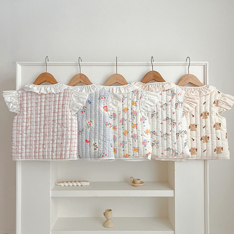 2024 m. Korėjietiškos gėlėtos kūdikių liemenės, vaikiškas animacinių filmų piešinys, stora šilta liemenė striukė pavasario rudens kūdikių liemenė medvilninis paminkštintas paltas