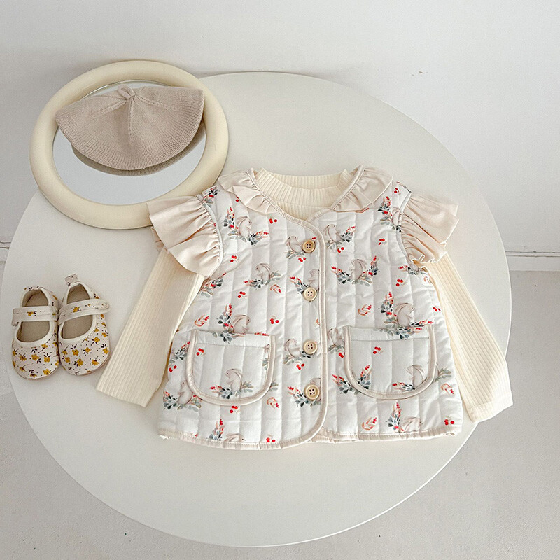 2024 m. Korėjietiškos gėlėtos kūdikių liemenės, vaikiškas animacinių filmų piešinys, stora šilta liemenė striukė pavasario rudens kūdikių liemenė medvilninis paminkštintas paltas