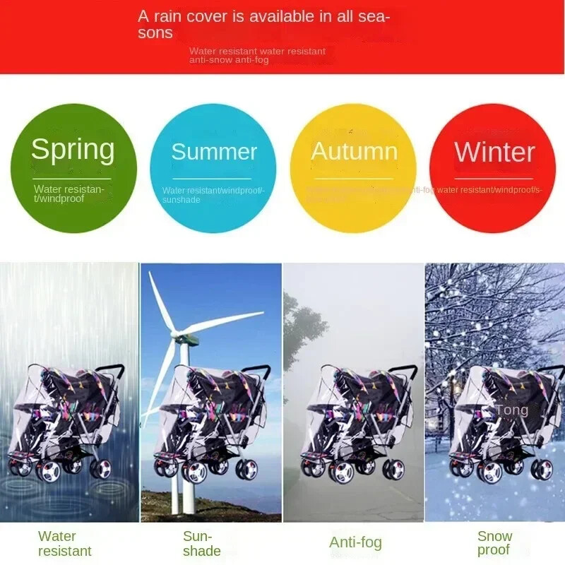 Vandeniui atsparus vėjui atsparus kombinezonas Universalus uždangalas nuo lietaus kūdikių vežimėliui su dviem priekinėmis ir galinėmis sėdynėmis