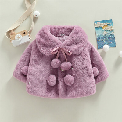 0–18 mėnesių žieminė striukė mergaitei, vienspalvė, platus atvartas, ilgomis rankovėmis, kailinis mergaitei, papuoštas perlais, sniego dėvėjimo apsiaustas