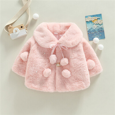0–18 mėnesių žieminė striukė mergaitei, vienspalvė, platus atvartas, ilgomis rankovėmis, kailinis mergaitei, papuoštas perlais, sniego dėvėjimo apsiaustas