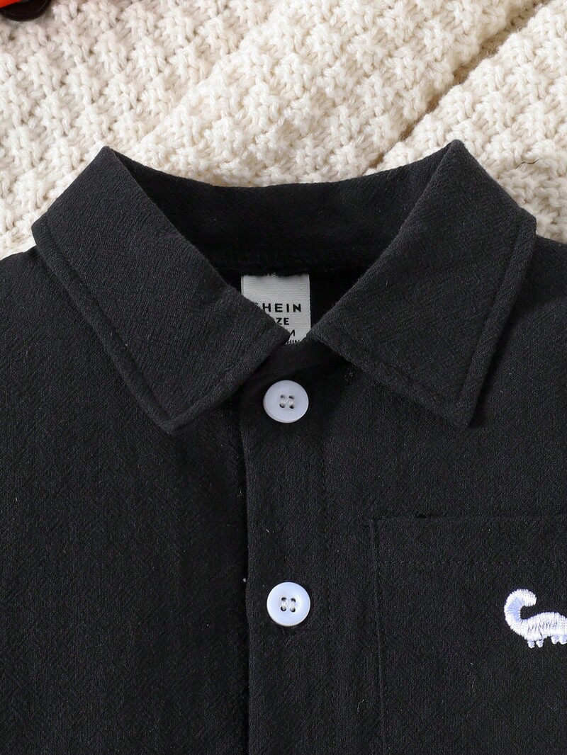 Rudens mazuļa zēnu ikdienas vienkāršs, melns krekls ar garām piedurknēm mētelis ar maziem dinozauru izšuvumiem kokvilnas ārējā apģērba krekls DX0384