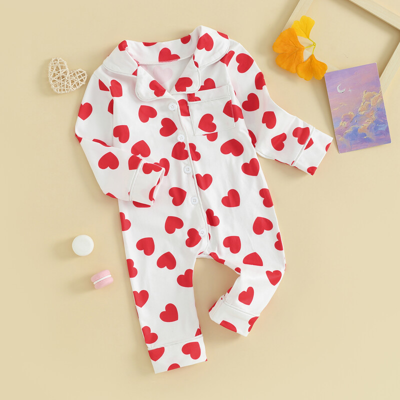 Pudcoco Βρεφικά Βρεφικά Αγόρια Κοριτσίστικα Πυτζάμες Μακρυμάνικα Πέτο γιακά Καρδιά εκτύπωσης Κουμπί επάνω Ρούμπερες Νεογέννητα Ρούχα 0-24 εκατ.