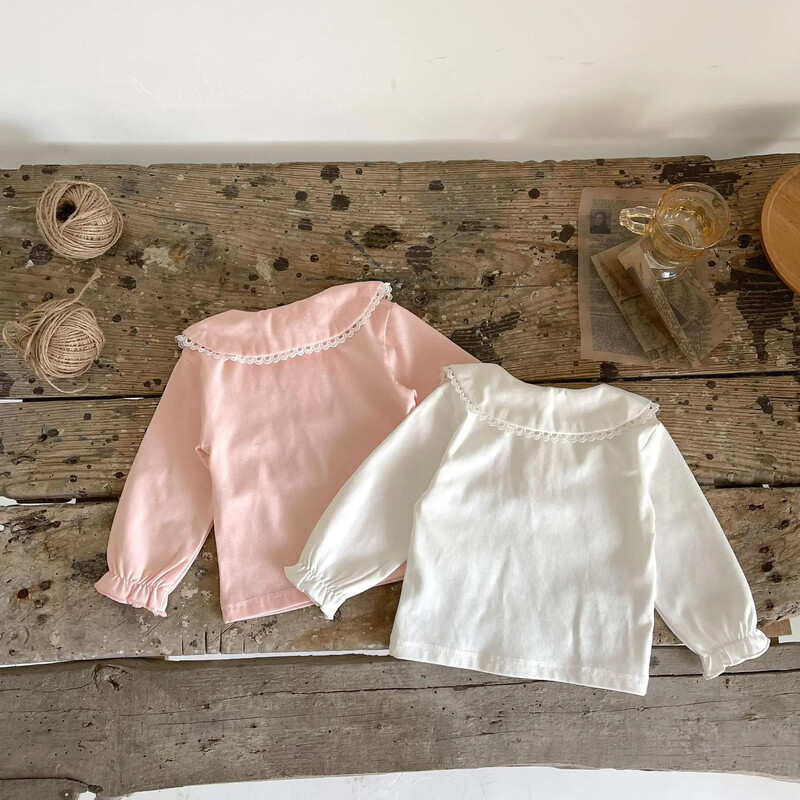 Mergaičių marškinėliai, 2024 m. pavasario ir rudens siuvinėta apykakle, skirta kūdikiams, mergaičių medvilniniai marškinėliai ilgomis rankovėmis