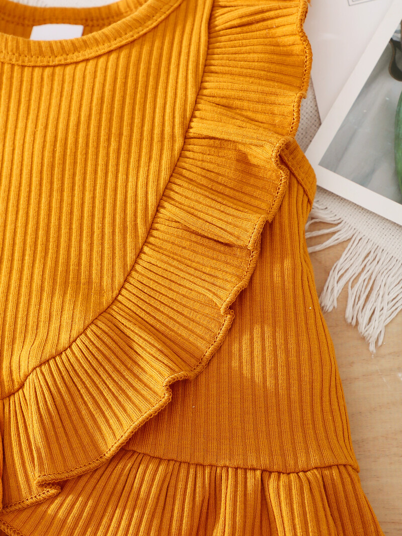 Divatos kislány nyári kerek nyakú, egyrészes, aranyos fából készült ruha fülszegéllyel