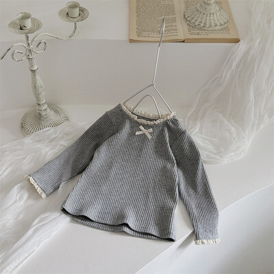 2025. gada rudens, jauni meiteņu mežģīņu apkakles topi ar garām piedurknēm Masīvi zīdaiņu toddler Jauki bantītes Princeses apakšmalas krekli Kokvilnas drēbes