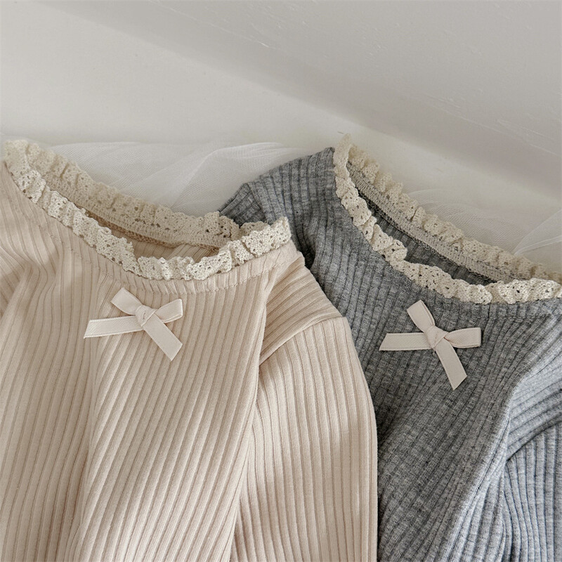 2025. gada rudens, jauni meiteņu mežģīņu apkakles topi ar garām piedurknēm Masīvi zīdaiņu toddler Jauki bantītes Princeses apakšmalas krekli Kokvilnas drēbes