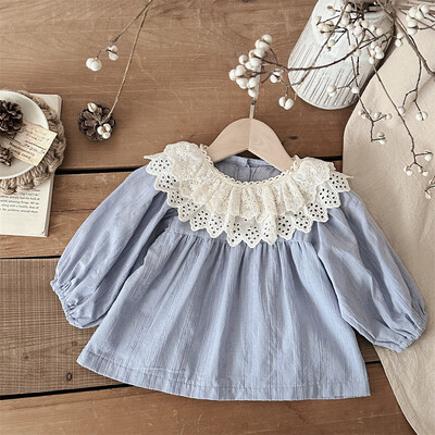 Tavaszi/őszi új babablúzok Tiszta színű csipkegallér Gyermek hosszú ujjú ingek Kislány alsó ing 0-3 éves felsőruházati felsők