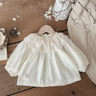 Tavaszi/őszi új babablúzok Tiszta színű csipkegallér Gyermek hosszú ujjú ingek Kislány alsó ing 0-3 éves felsőruházati felsők