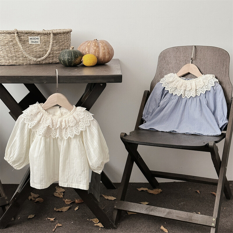 Tavaszi/őszi új babablúzok Tiszta színű csipkegallér Gyermek hosszú ujjú ingek Kislány alsó ing 0-3 éves felsőruházati felsők